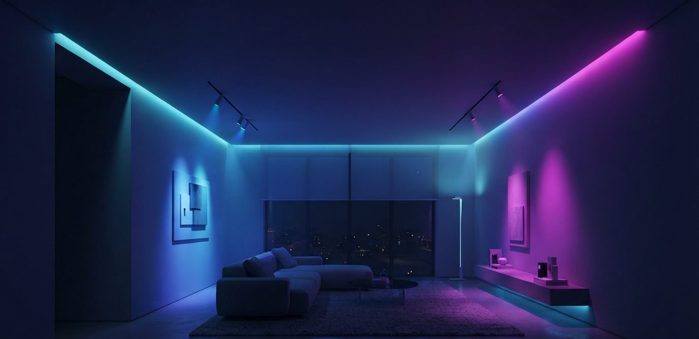 Та же комната вечером с RGB-подсветкой
